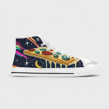 Freaky Shoes® high-top canvas sneakers featuring a vibrant pizza and galaxy space print on a dark background.
