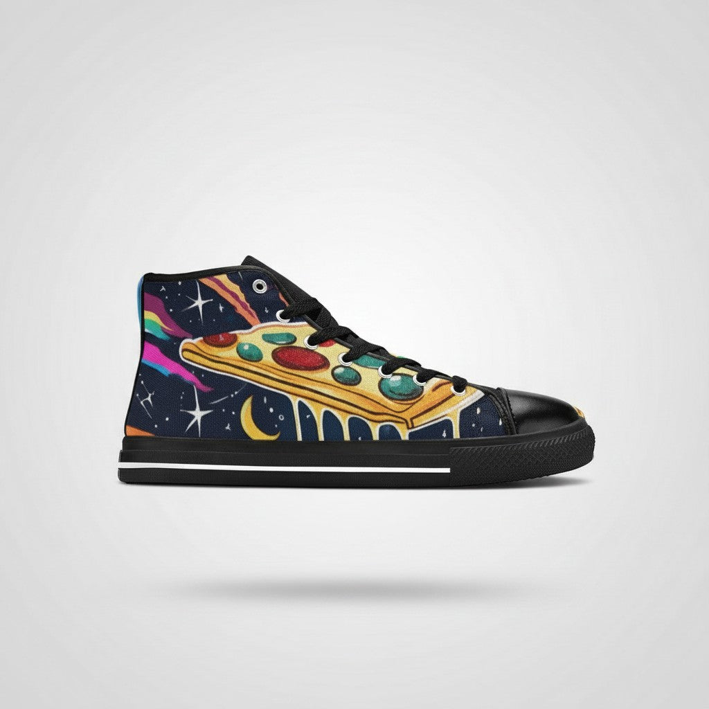 Freaky Shoes® women's high-top canvas sneakers featuring a vibrant pizza slice and galaxy space print design