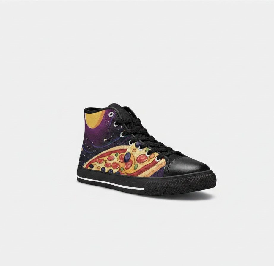 Freaky Shoes® women's high-top canvas sneakers featuring a vibrant pizza and galaxy space print on a black base.