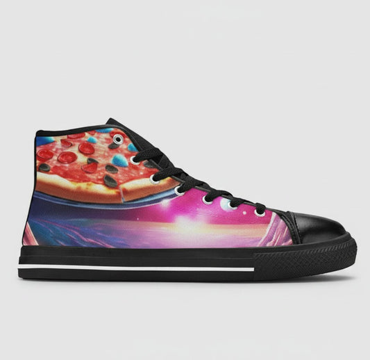 Freaky Shoes® women's high-top canvas sneakers featuring a vibrant pizza and galaxy space print design