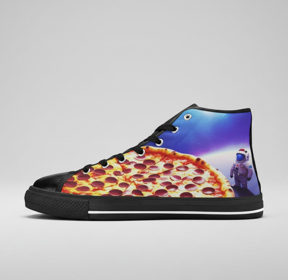 Freaky Shoes® women's high-top canvas sneakers featuring a pizza and astronaut galaxy print on a black base.