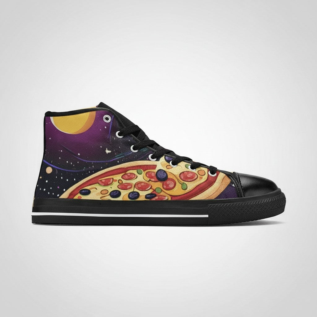 Freaky Shoes® men's high-top canvas sneakers featuring a vibrant pizza and outer space galaxy print design
