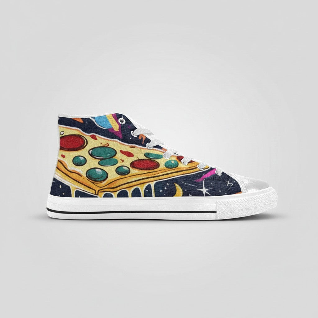 Freaky Shoes® women's high-top canvas sneakers featuring a vibrant pizza and galaxy space print design.