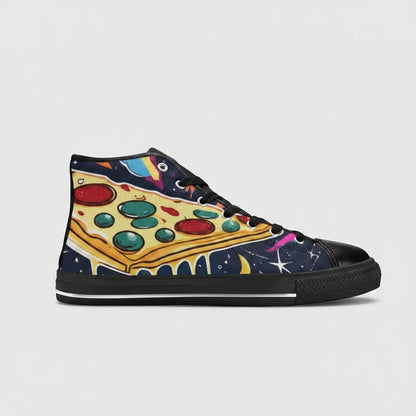 Freaky Shoes® men's high-top canvas sneakers featuring a colorful pizza and galaxy space print on a black base.