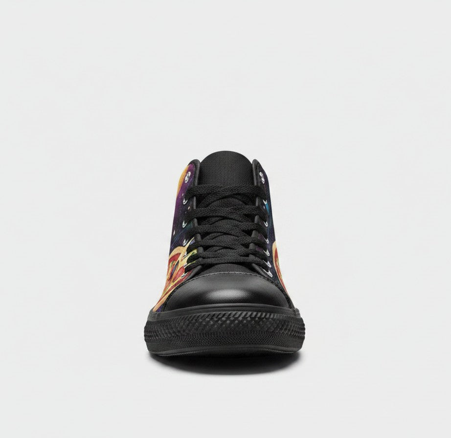 Freaky Shoes® women's high-top canvas sneakers featuring a vibrant pizza and galaxy space print on a black base.