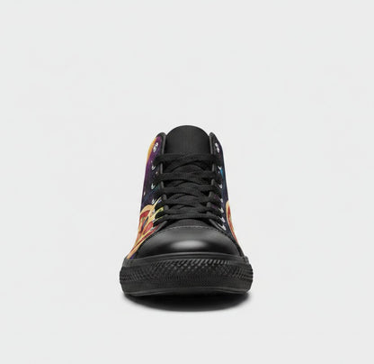 Freaky Shoes® women's high-top canvas sneakers featuring a vibrant pizza and galaxy space print on a black base.