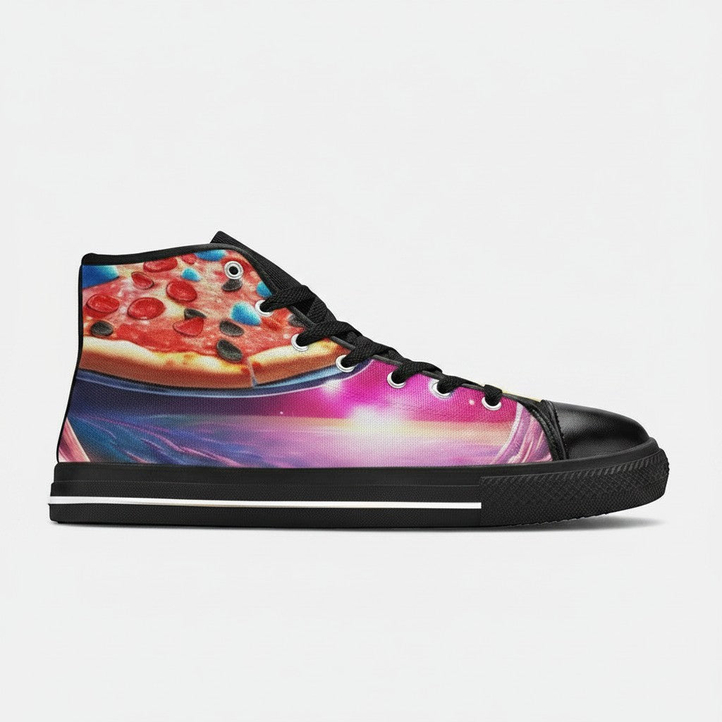 Freaky Shoes® men's high-top canvas sneakers featuring a vibrant pizza and galaxy space print on a black sole.