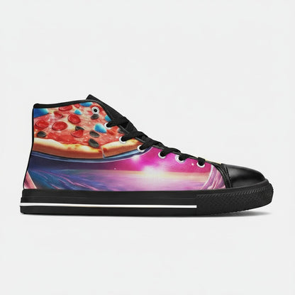 Freaky Shoes® men's high-top canvas sneakers featuring a vibrant pizza and galaxy space print on a black sole.