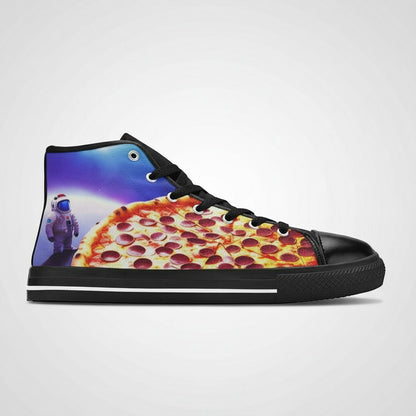 Freaky Shoes® men's high-top canvas sneakers featuring a pepperoni pizza and astronaut galaxy space print