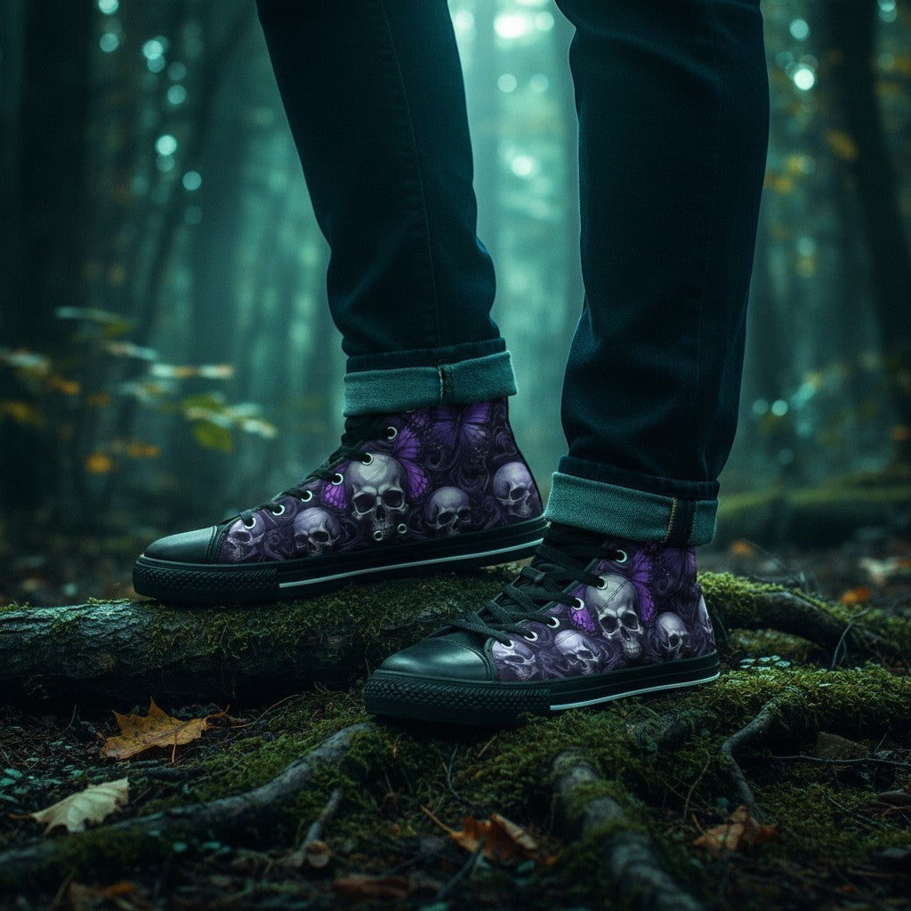 Freaky Shoes® men's high-top canvas sneakers featuring a gothic purple butterfly and skull print in a forest setting.