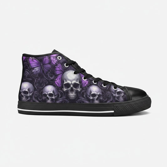 Freaky Shoes® high-top canvas sneakers featuring a gothic purple butterfly and skull pattern on a black background.