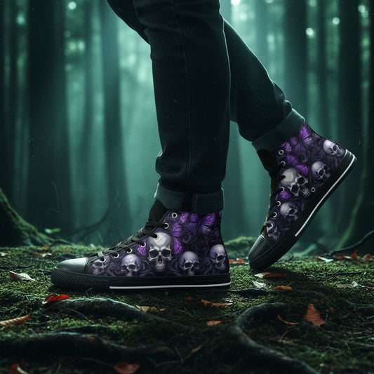 Freaky Shoes® men's high-top canvas sneakers featuring a gothic purple butterfly and skull pattern in a forest setting.