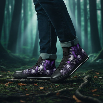 Freaky Shoes® men's high-top canvas sneakers featuring a gothic purple butterfly and skull print in a forest setting.