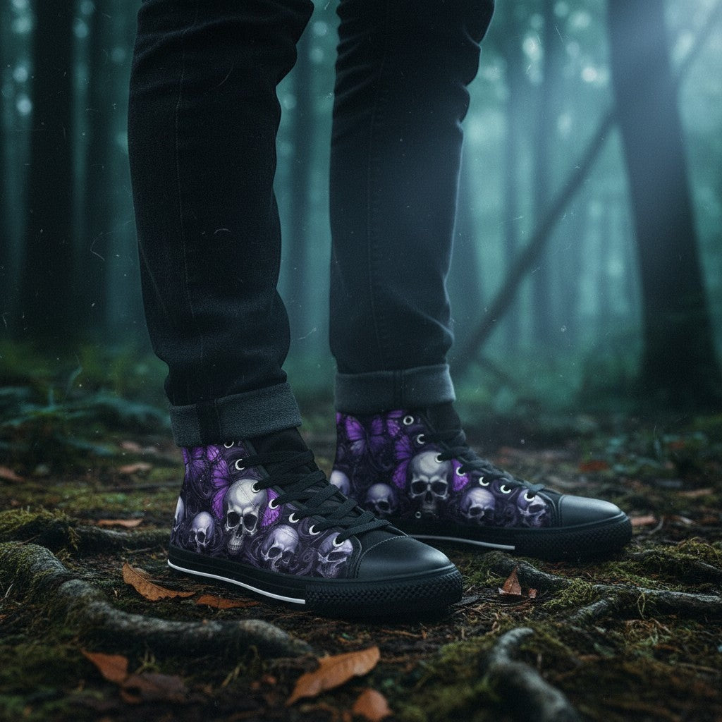 Freaky Shoes® men's high-top canvas sneakers featuring a gothic purple butterfly and skull print in a forest setting.