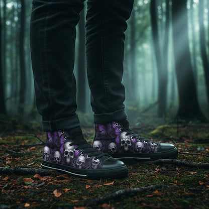 Freaky Shoes® high-top canvas sneakers featuring a gothic purple butterfly and skull print worn in a dark forest.