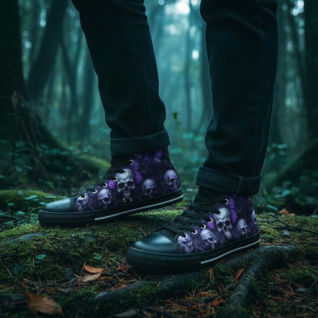 Freaky Shoes® high-top canvas sneakers featuring a gothic purple butterfly and skull print, worn in a forest setting.