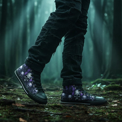 Freaky Shoes® men's high-top canvas sneakers featuring a gothic purple butterfly and skull print, worn in a forest.