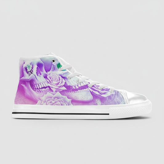 Freaky Shoes® women's high-top canvas sneakers featuring a purple and green mandala and skull floral print design.