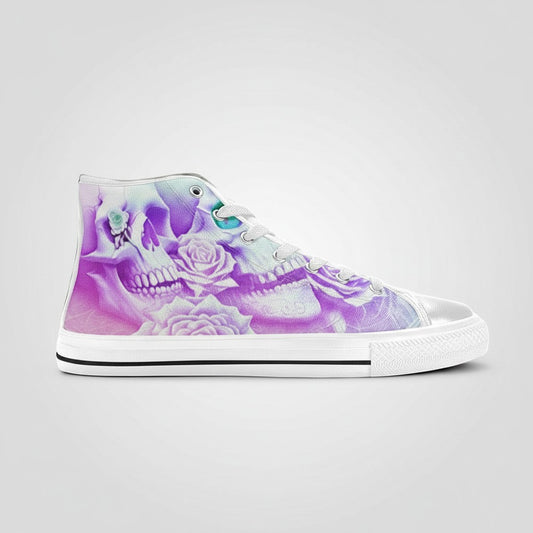 Freaky Shoes® men's high-top canvas sneakers featuring a purple and green skull and mandala floral print