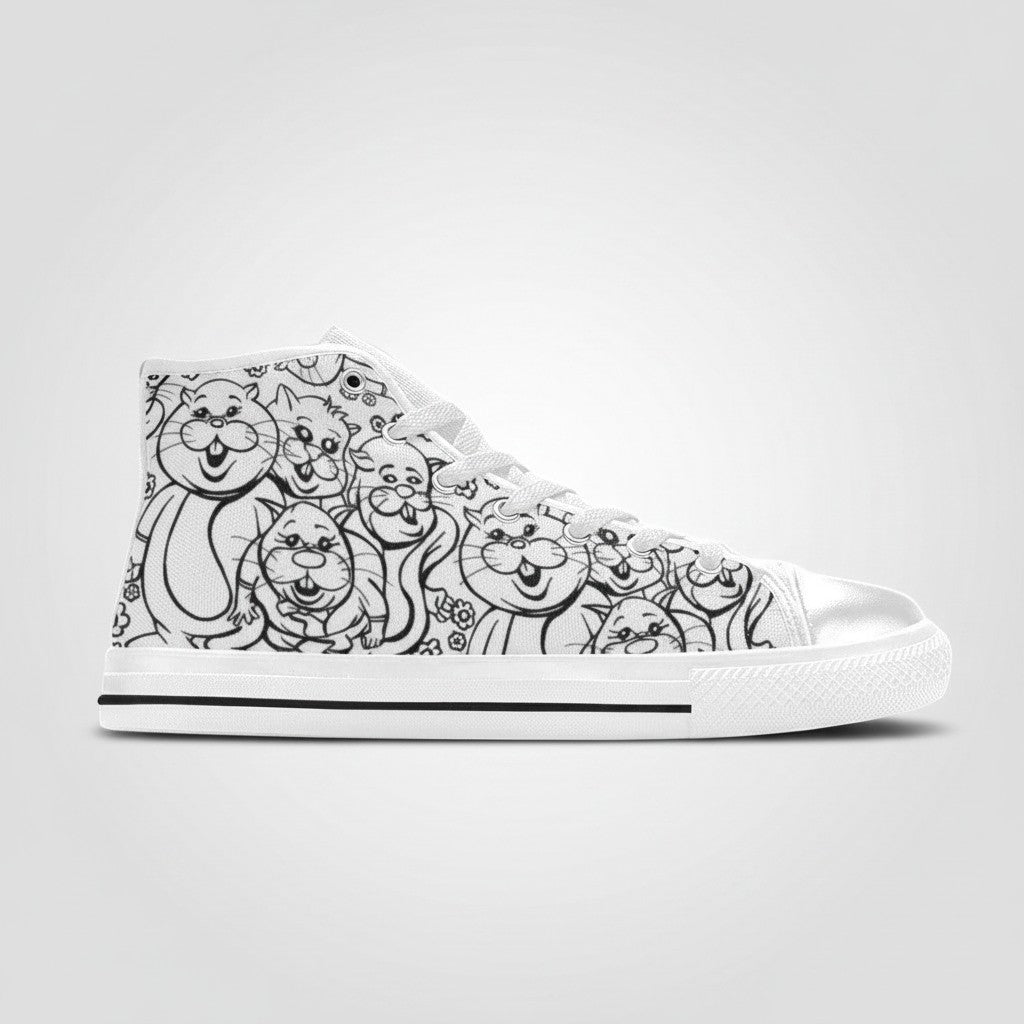 Freaky Shoes® men's high-top canvas sneakers featuring a black and white pen and ink rabbit monster art print.