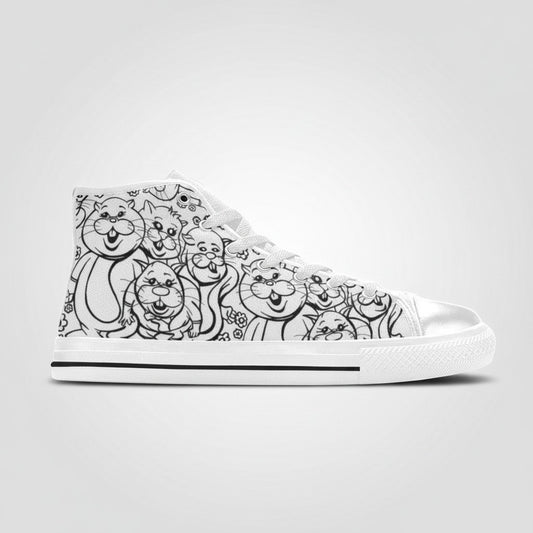Freaky Shoes® men's high-top canvas sneakers featuring a black and white pen and ink rabbit monster art print.