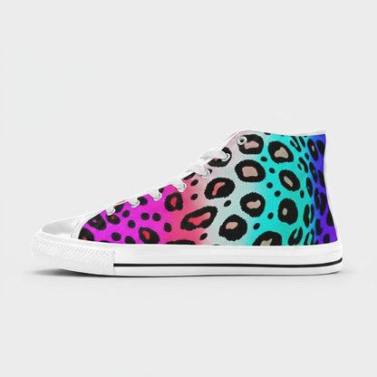 Freaky Shoes® high-top canvas sneakers featuring a vibrant rainbow leopard print pattern with white laces and soles.