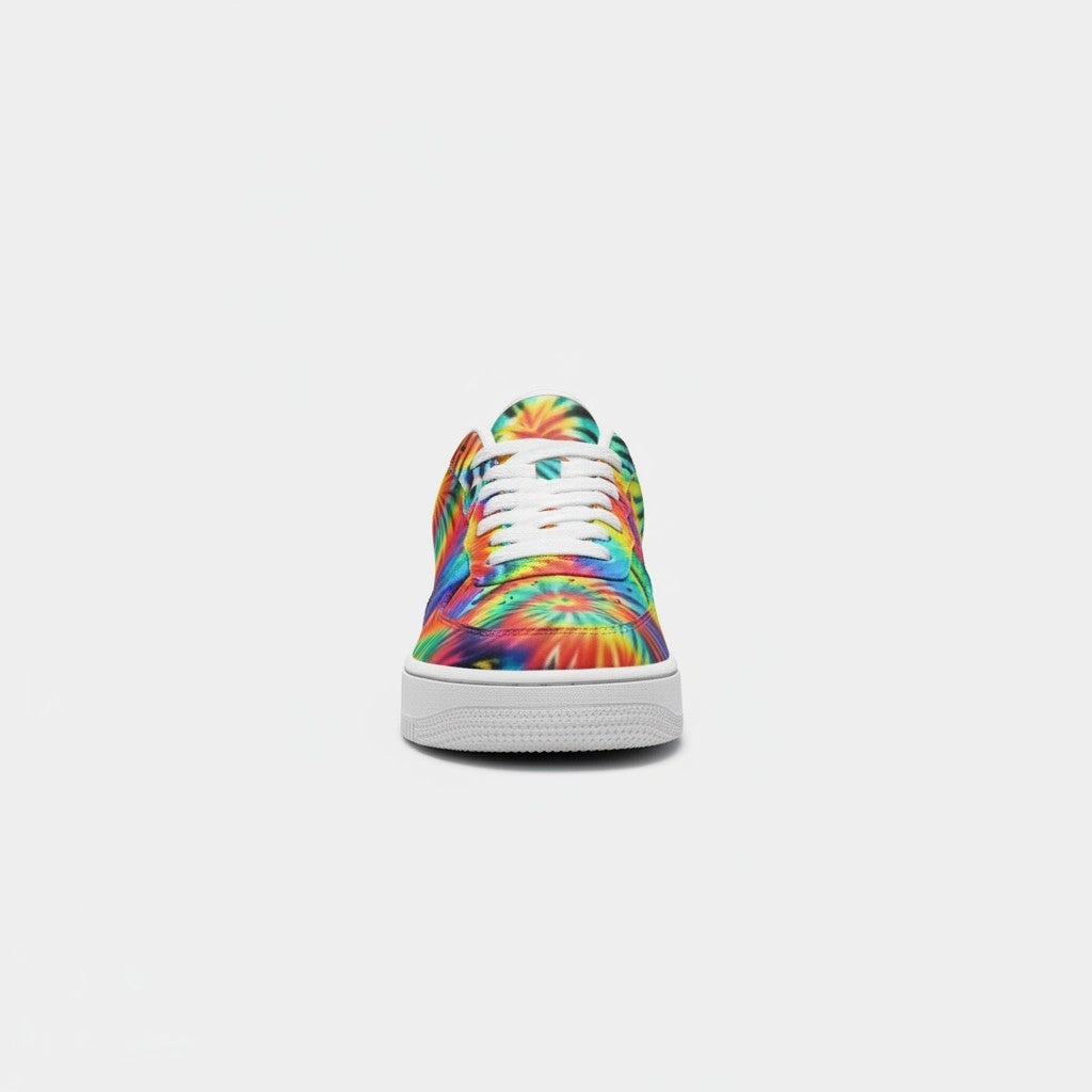 Freaky Shoes® rainbow tie-dye high-top canvas sneakers with white laces and a durable rubber outsole, front view.