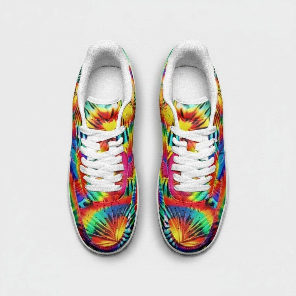 Freaky Shoes® rainbow tie dye high-top canvas sneakers with white laces and durable rubber soles, top-down view.