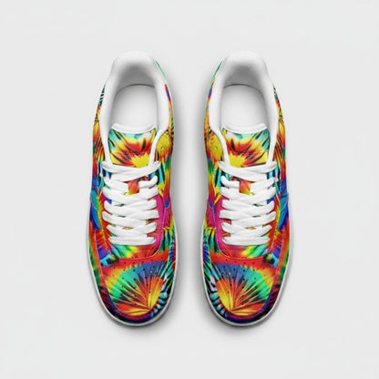 Freaky Shoes® rainbow tie dye high-top canvas sneakers with white laces and durable rubber soles, top-down view.