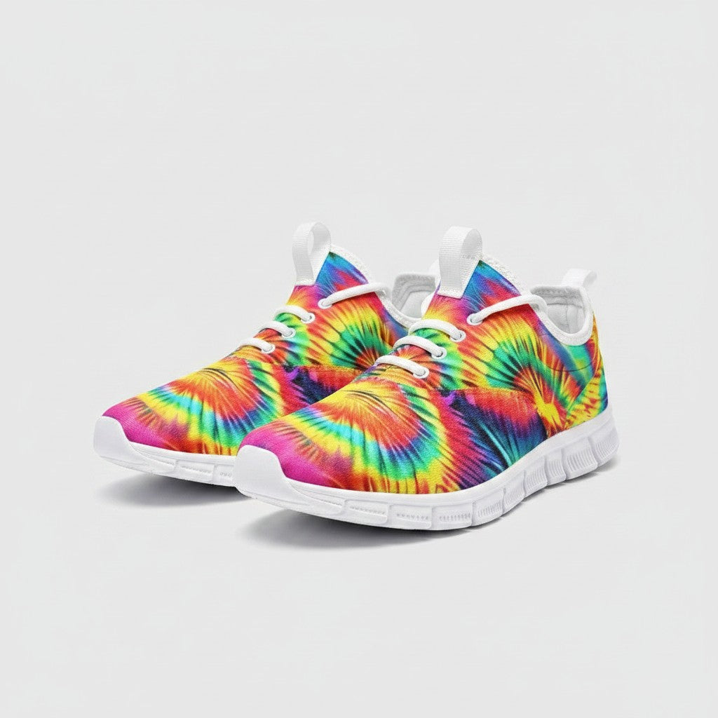 Freaky Shoes® rainbow tie dye high-top canvas sneakers with white laces and durable EVA soles.