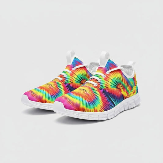 Freaky Shoes® rainbow tie dye high-top canvas sneakers with white laces and durable EVA soles.
