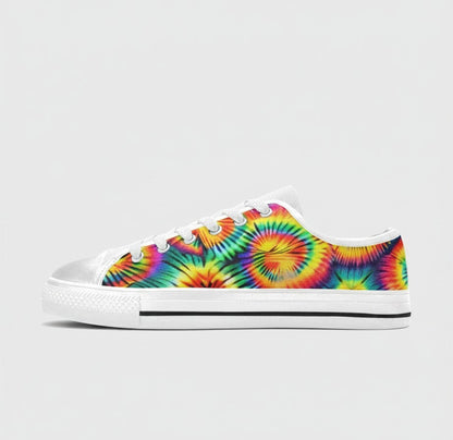 Freaky Shoes® men's low-top canvas sneakers featuring a vibrant rainbow tie-dye spiral pattern and white rubber soles.