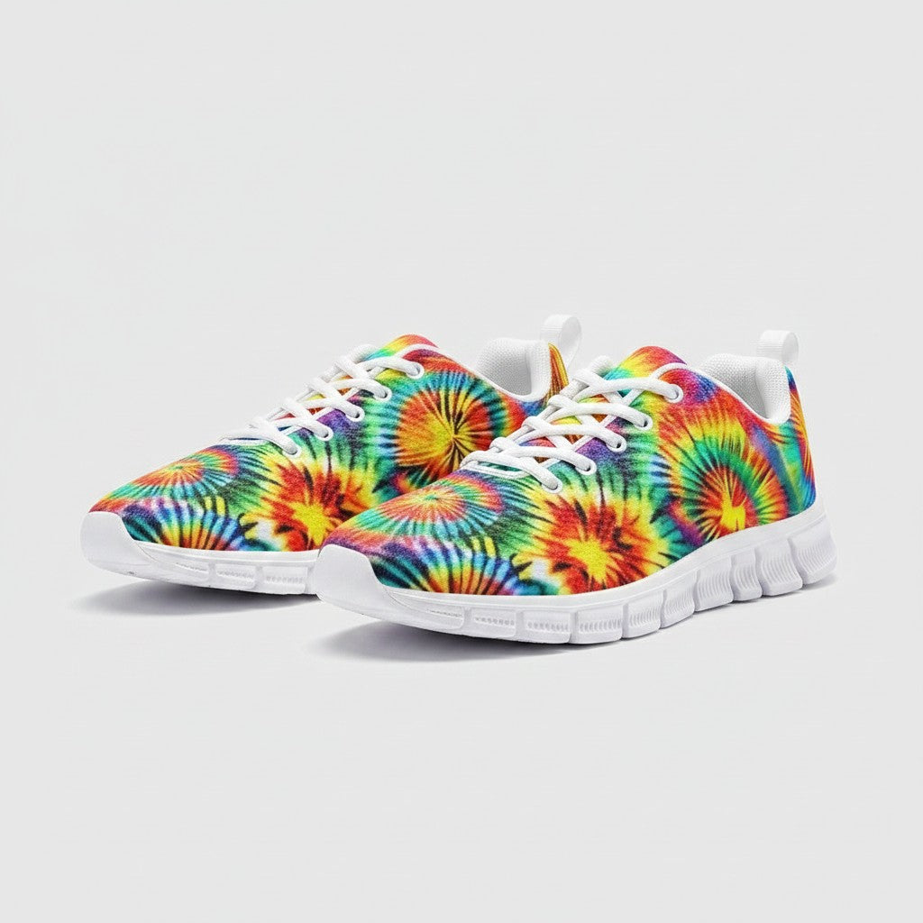 Freaky Shoes® rainbow tie dye canvas high-top sneakers with white laces and EVA soles on a light grey background.