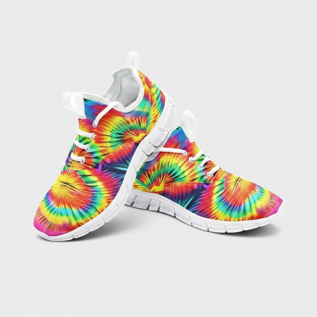 Freaky Shoes® rainbow tie dye high-top canvas sneakers with white laces and durable EVA soles.