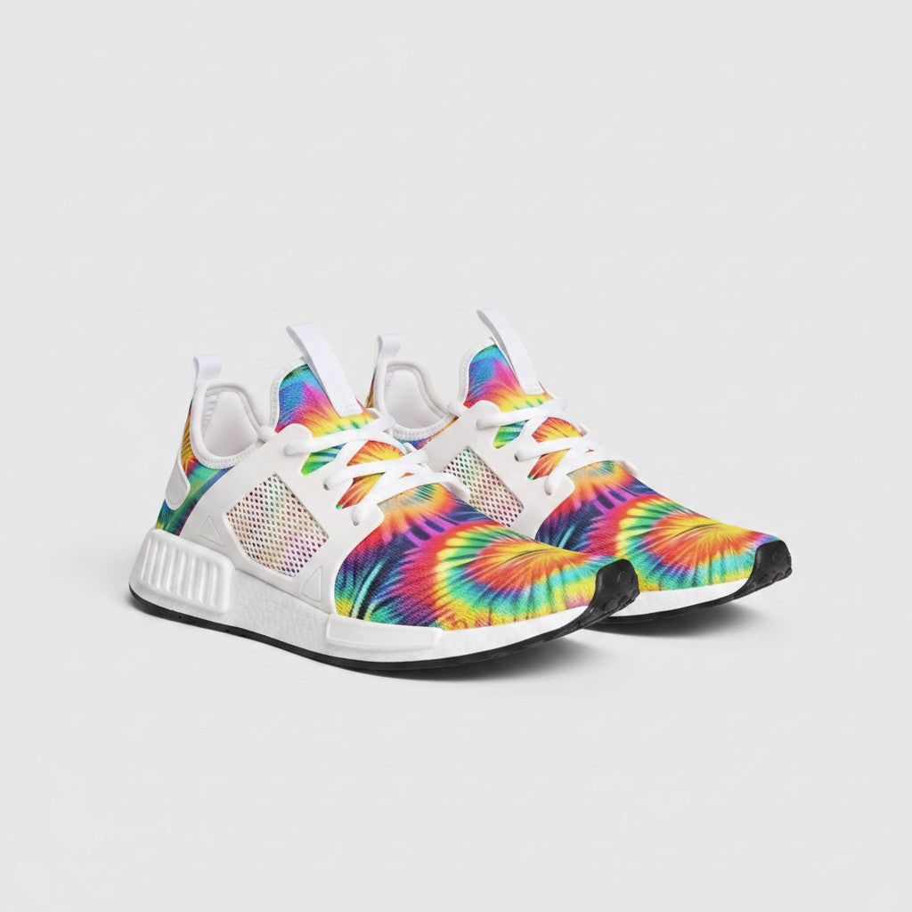 Freaky Shoes® rainbow tie dye high-top canvas sneakers with white mesh accents and durable EVA soles.