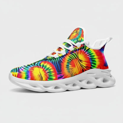 Freaky Shoes® rainbow tie dye high-top canvas sneakers with a white chunky EVA sole and lace-up closure.
