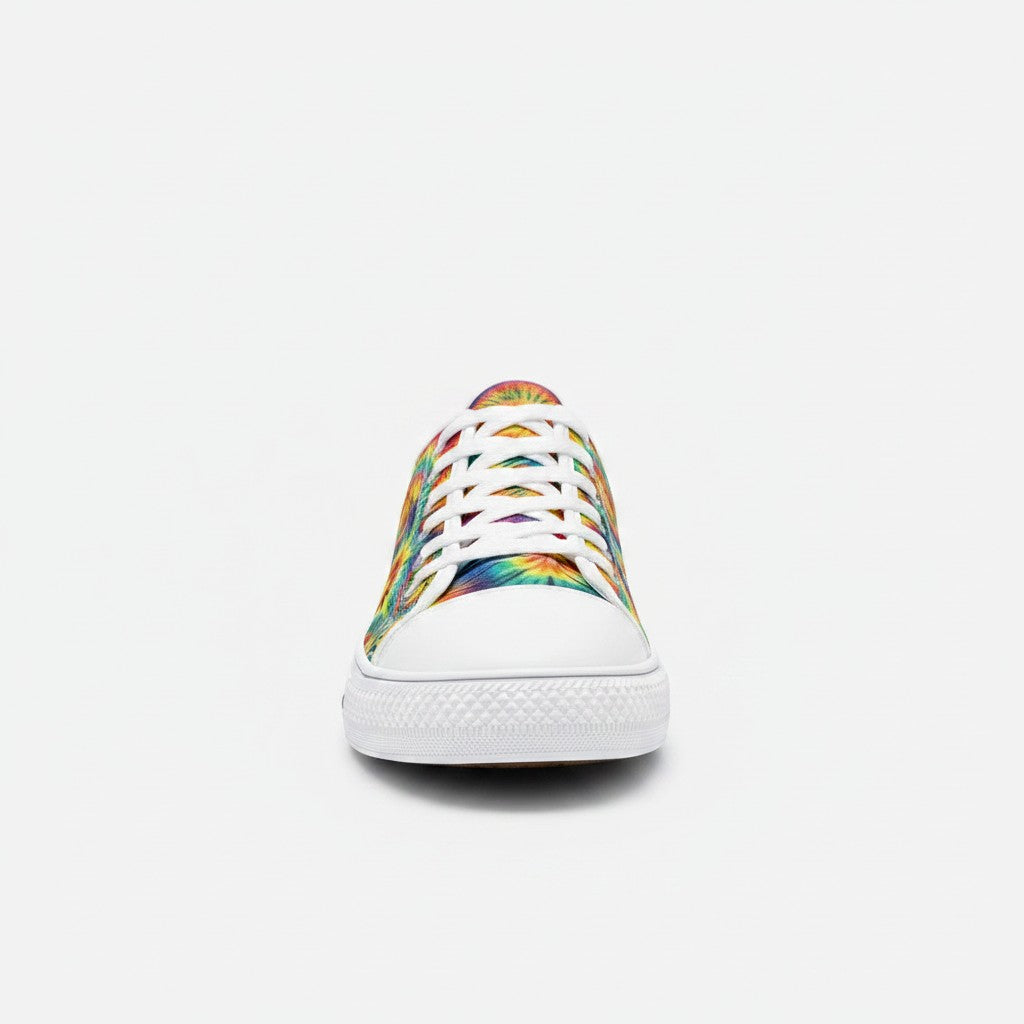 Freaky Shoes® rainbow tie dye high-top canvas sneakers with white laces and rubber toe cap, front view.