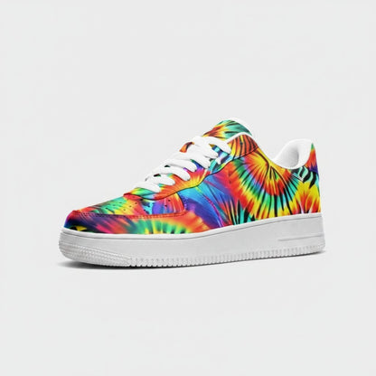 Freaky Shoes® rainbow tie dye canvas high-top sneakers with white rubber soles and perforated toe box.