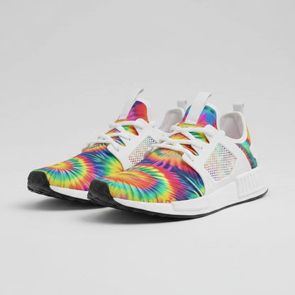 Freaky Shoes® rainbow tie dye high-top canvas sneakers with white breathable mesh and durable EVA soles.