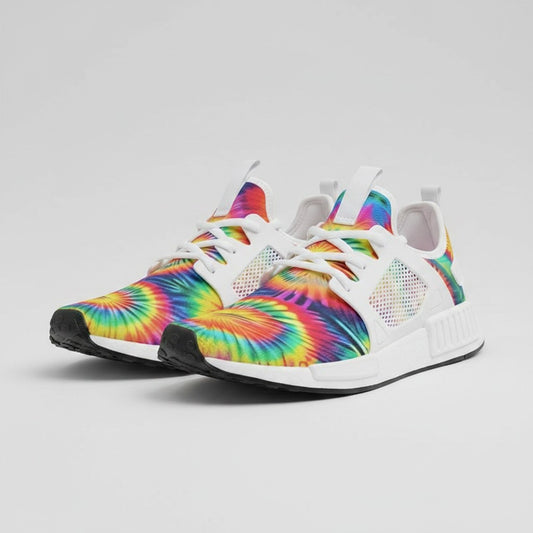 Freaky Shoes® rainbow tie dye high-top canvas sneakers with white breathable mesh and durable EVA soles.