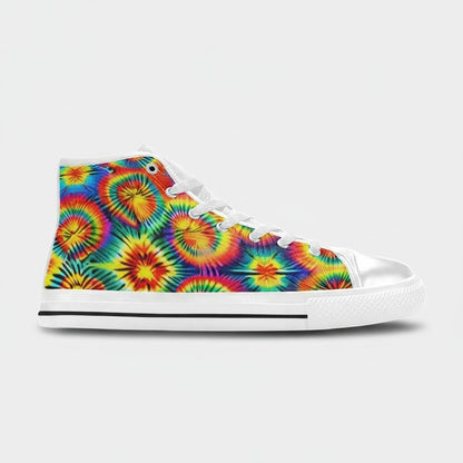 Freaky Shoes® women's high-top canvas sneakers featuring a vibrant rainbow tie-dye pattern and white rubber soles.