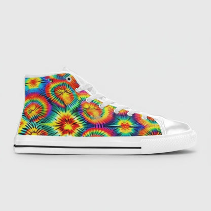 Freaky Shoes® men's high-top canvas sneakers featuring a vibrant rainbow tie-dye spiral pattern and white laces.