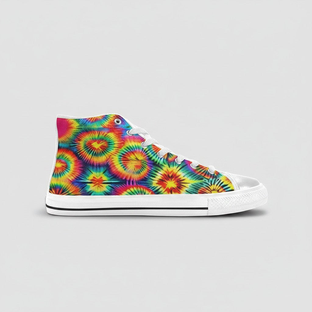 Freaky Shoes® men's high-top canvas sneakers featuring a vibrant rainbow tie-dye pattern and white rubber toe cap.