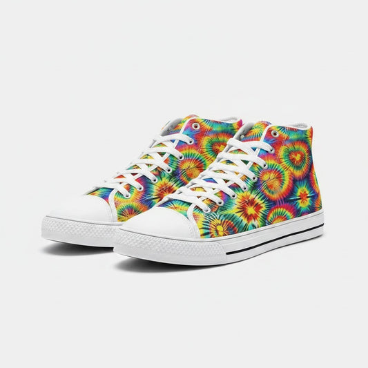 Freaky Shoes® rainbow tie dye high-top canvas sneakers with white laces and rubber soles on a plain background.
