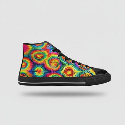 Freaky Shoes® men's high-top canvas sneakers featuring a vibrant rainbow tie-dye pattern and black rubber soles.