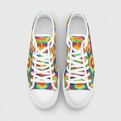 Freaky Shoes® high-top canvas sneakers featuring a vibrant rainbow tie-dye pattern with white laces and rubber toe caps.