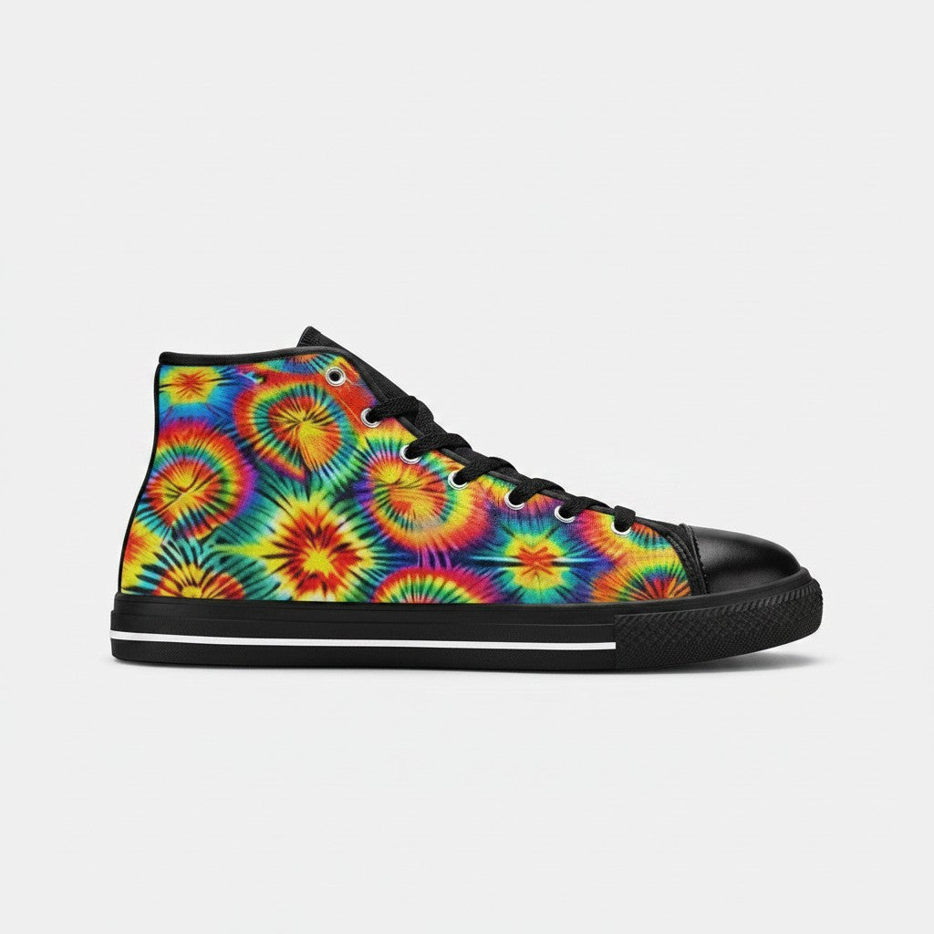 Freaky Shoes® women's high-top canvas sneakers featuring a vibrant rainbow tie-dye pattern and black trim.