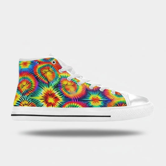 Freaky Shoes® women's high-top canvas sneakers featuring a vibrant rainbow tie-dye spiral pattern and white laces.