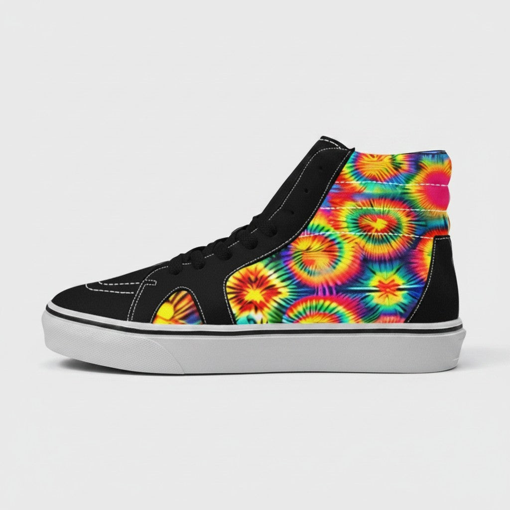 Freaky Shoes® women's high-top canvas skateboarding shoes featuring a vibrant rainbow tie-dye pattern and black accents.