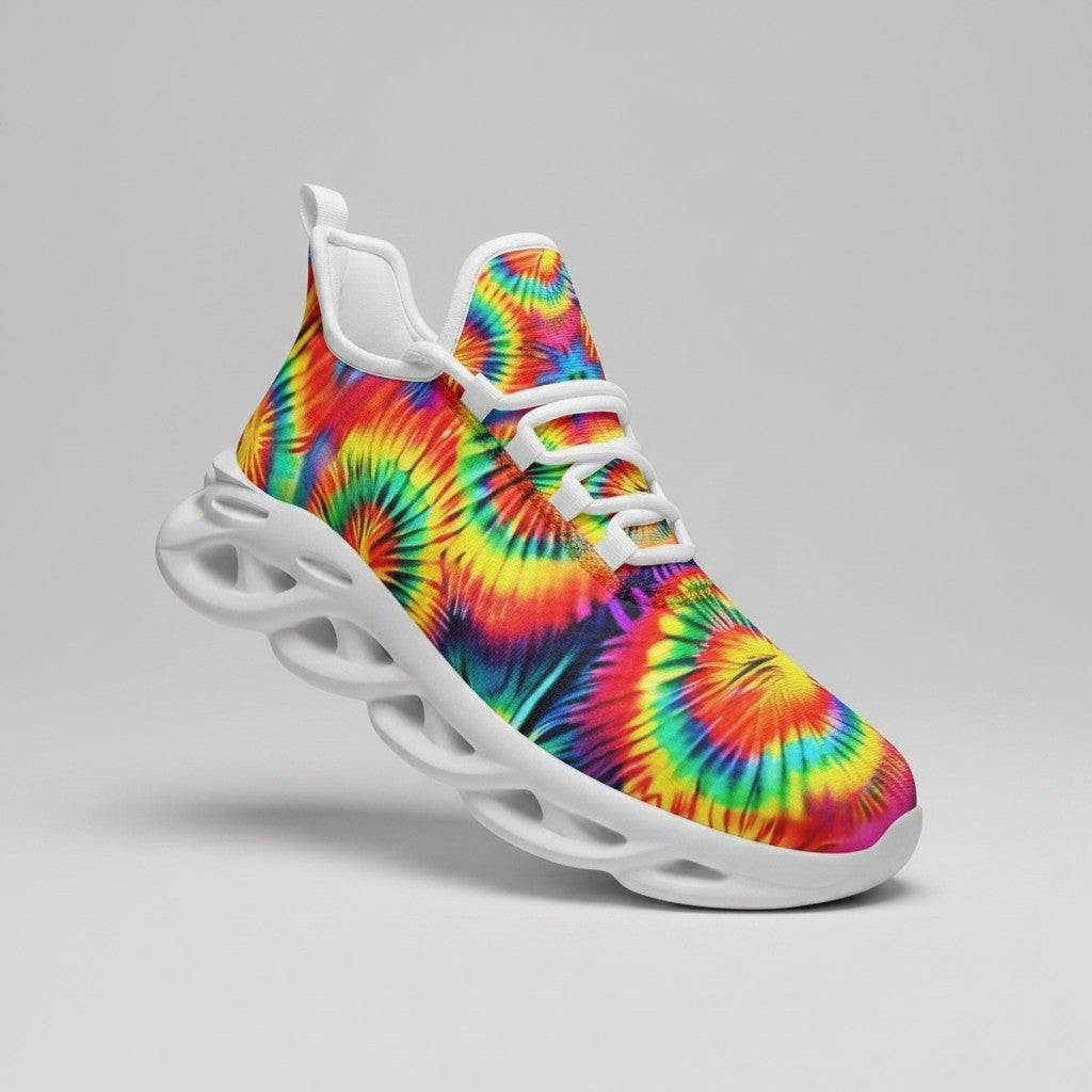 Freaky Shoes® rainbow tie dye high-top canvas sneakers with white laces and a sculpted white EVA sole.